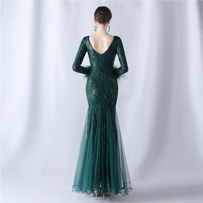 Ostrich Fur Mesh Beaded Formal Dresses