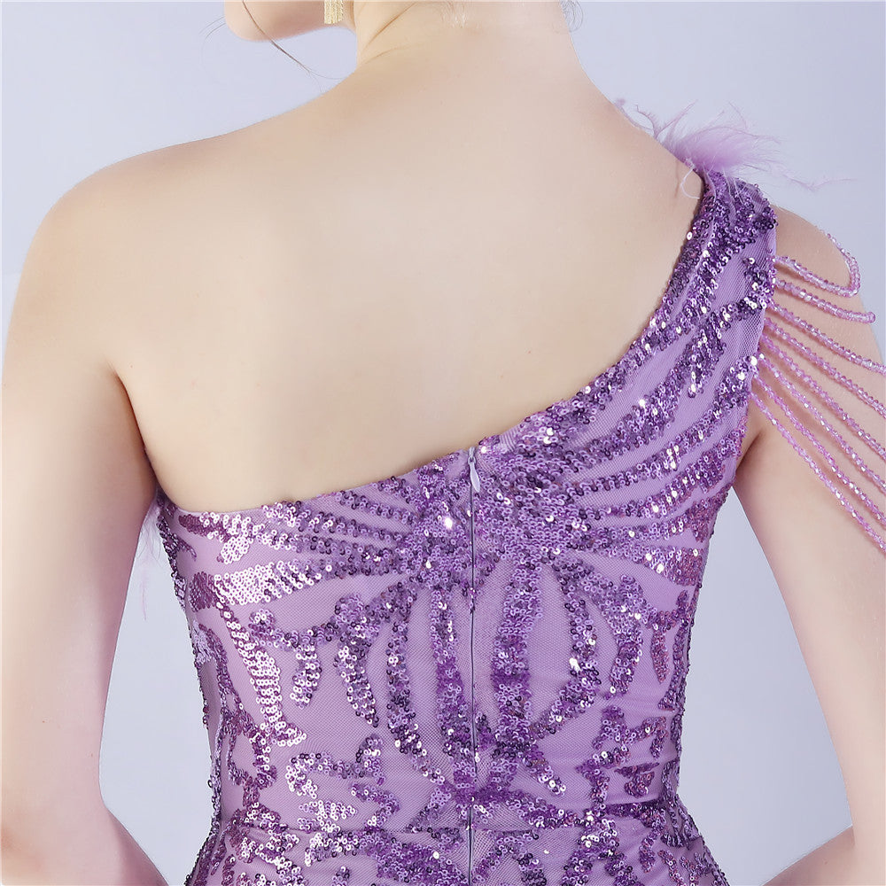 Fur Slant Neck One Shoulder Formal Dress