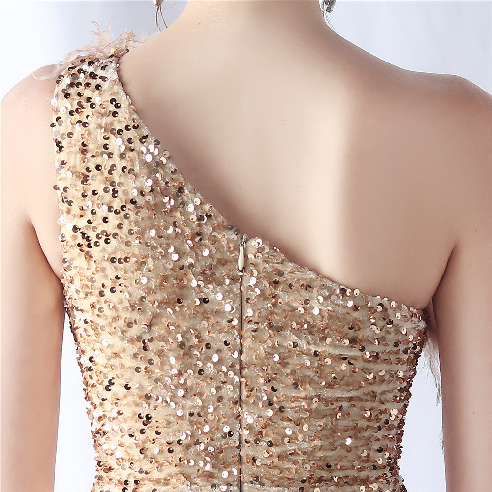 Ostrich Velvet Bottom One Shoulder Formal Dress