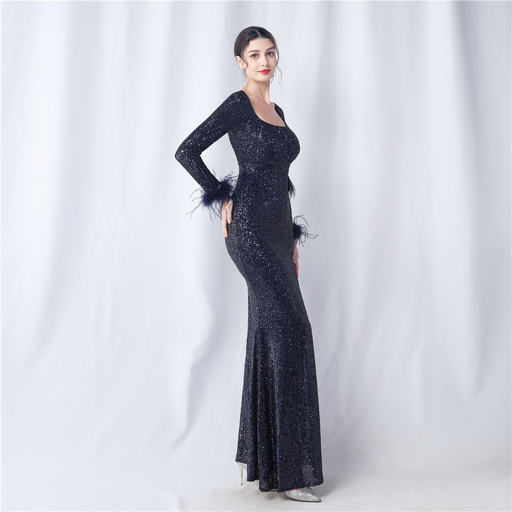 Ostrich Fur Long Sleeve Formal Dress