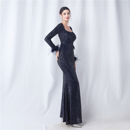 Ostrich Fur Long Sleeve Formal Dress