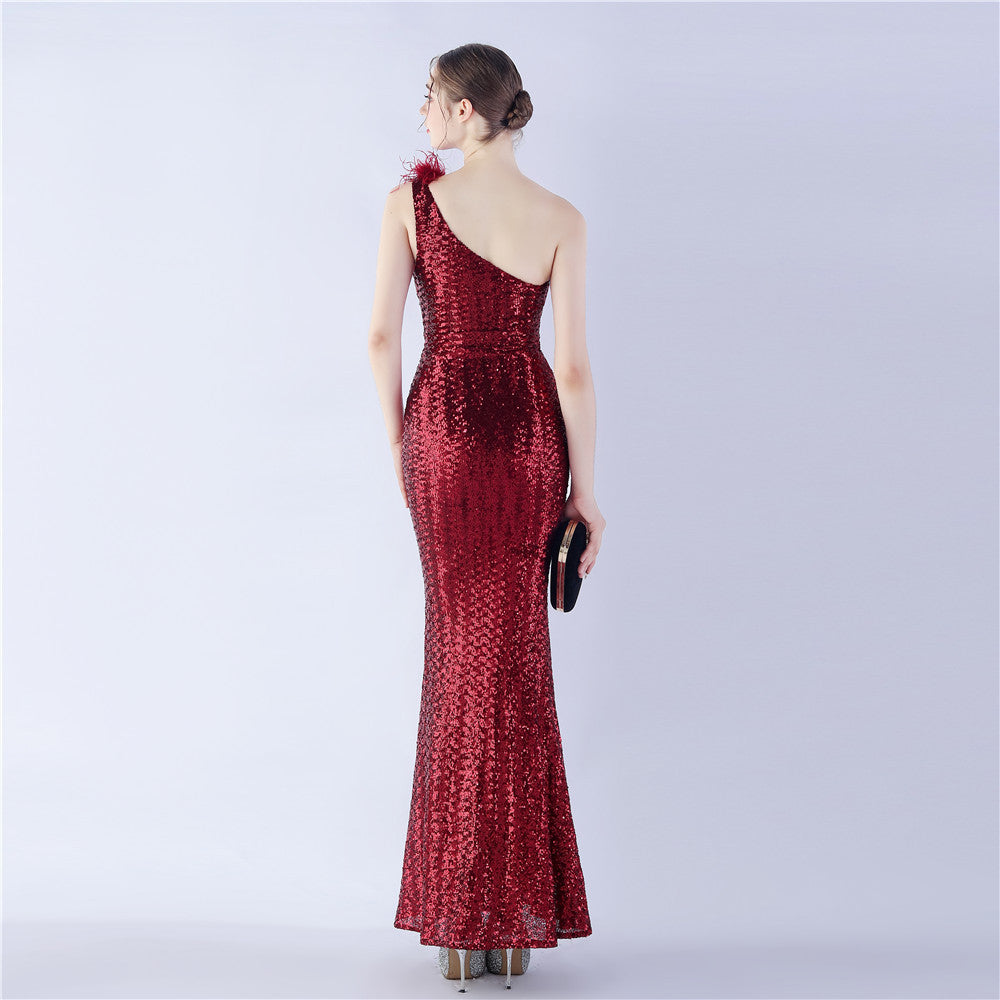 Ostrich Fur One-Shoulder Slant Neck Beaded Maxi Formal Dress