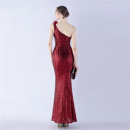 Ostrich Fur One-Shoulder Slant Neck Beaded Maxi Formal Dress