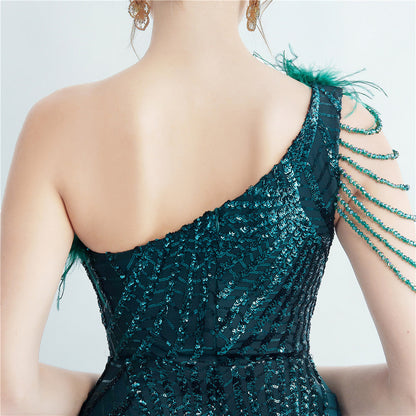 Fur Layered Beaded Formal Dress