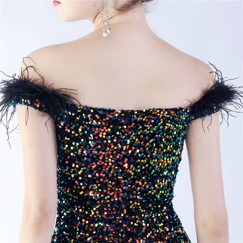 Fur One Shoulder Formal Dress