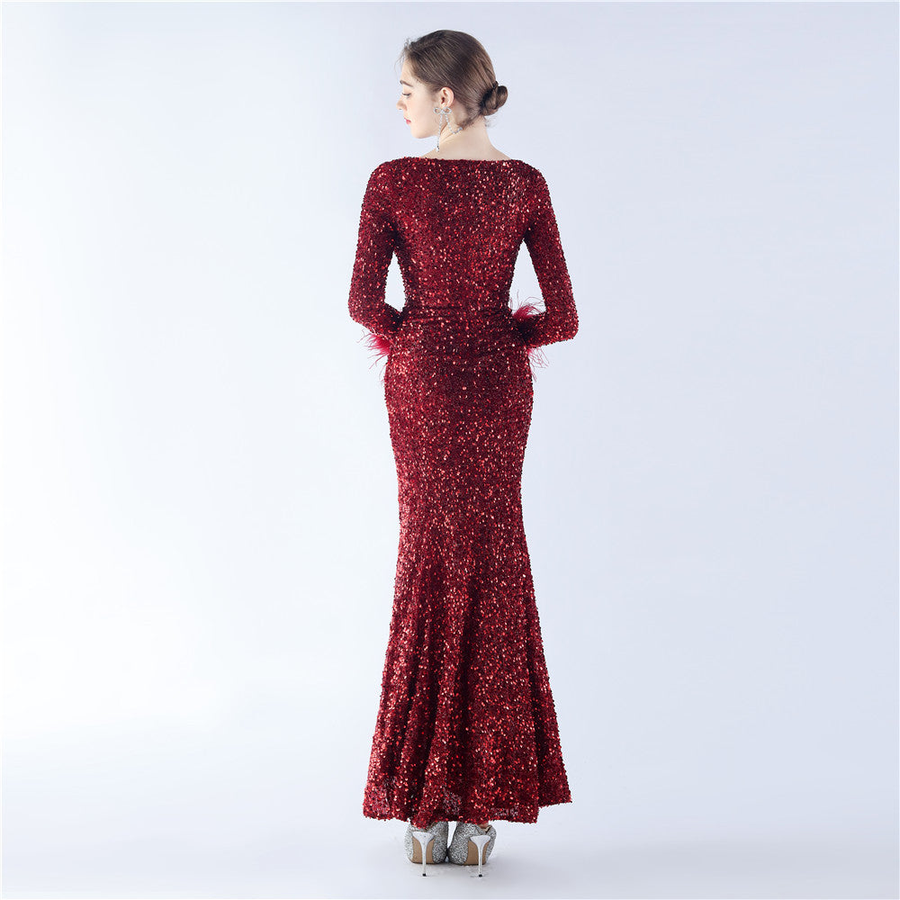 Ostrich Fur Long Sleeve Formal Dress