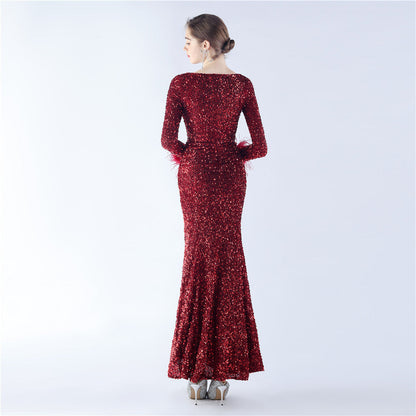 Ostrich Fur Long Sleeve Formal Dress