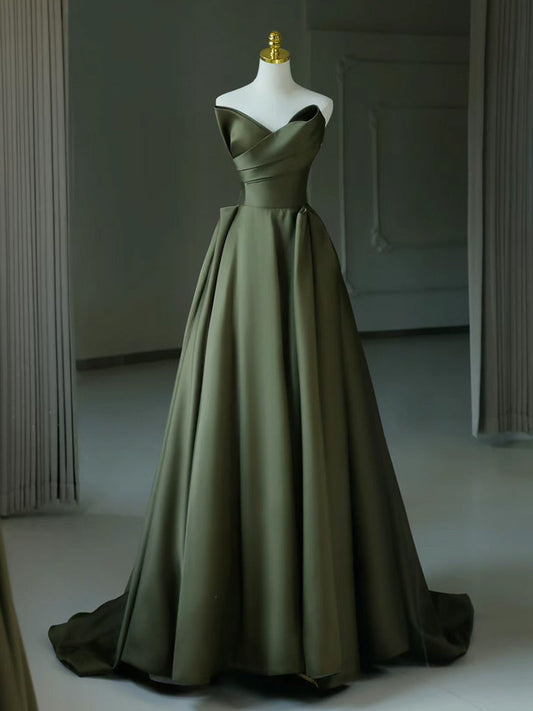 A-Line V Neck Satin Green Prom Dress