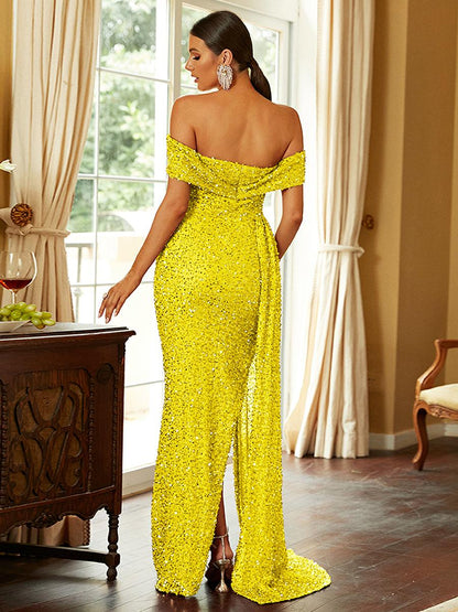 Off Shoulder Sequin High Split Prom Dress