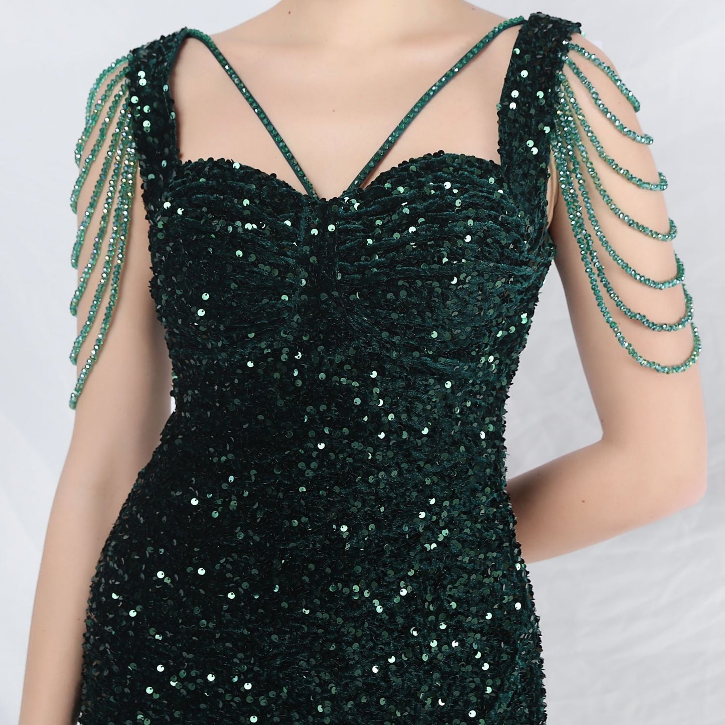 ベルベット裏地ビーズ付きフォーマルドレス