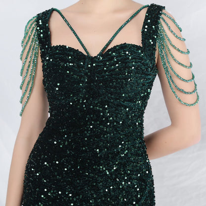 ベルベット裏地ビーズ付きフォーマルドレス