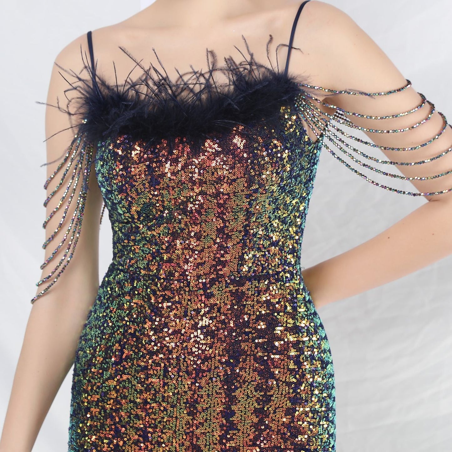 Ostrich Fur Illusion Beaded Formal Dress