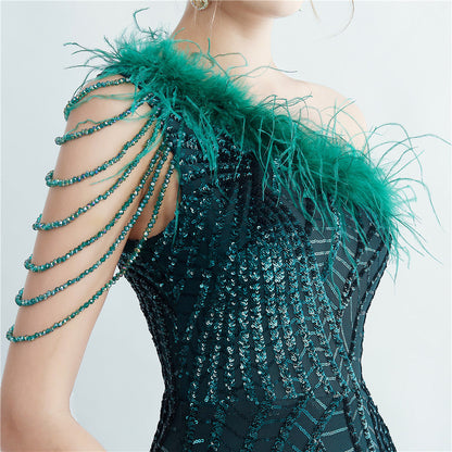 Fur Layered Beaded Formal Dress