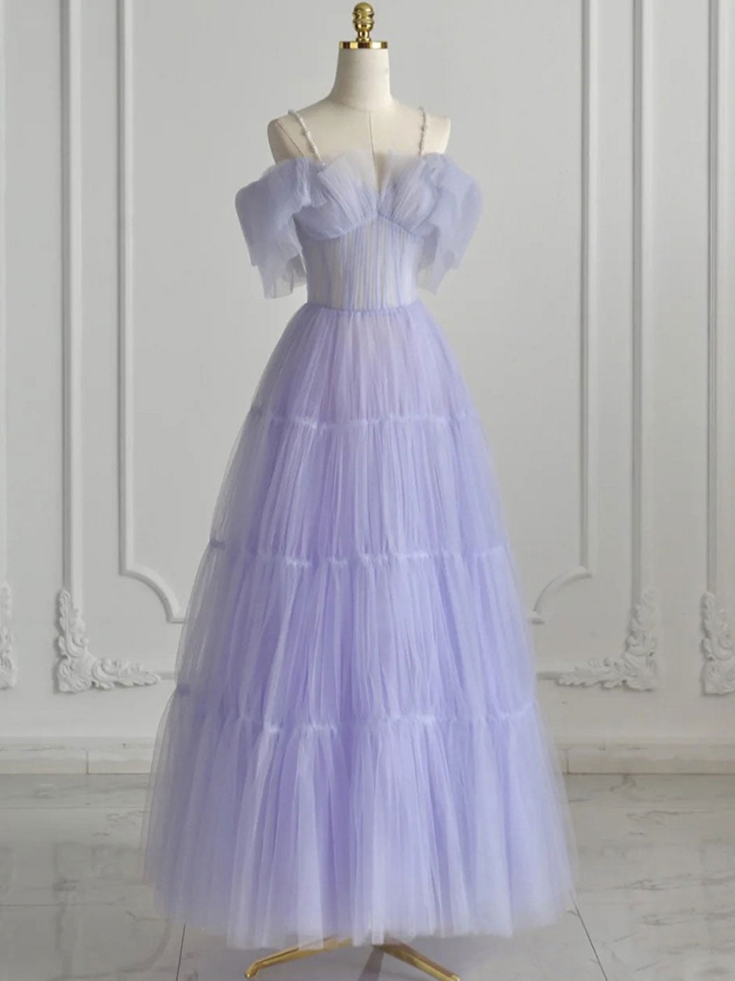 Purple tulle maxi prom dress