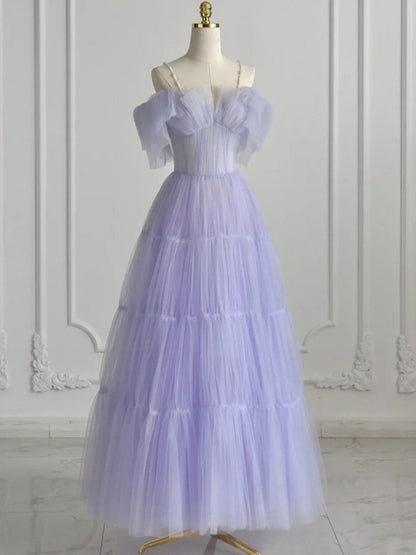 Purple tulle maxi prom dress