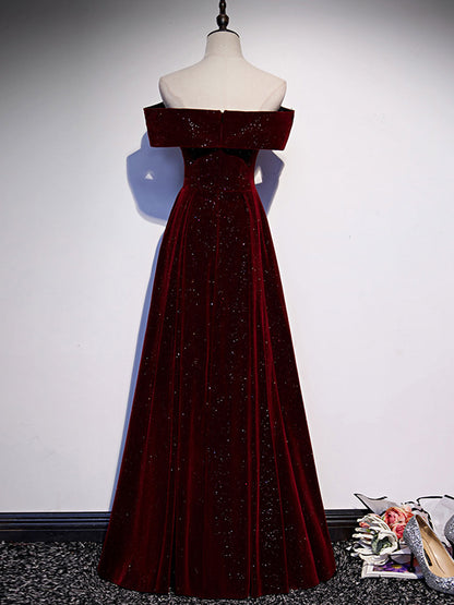 A-Line Off Shoulder V Neck Velvet Burgundy Prom Dress