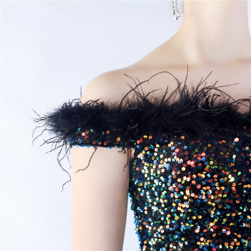 Fur One Shoulder Formal Dress