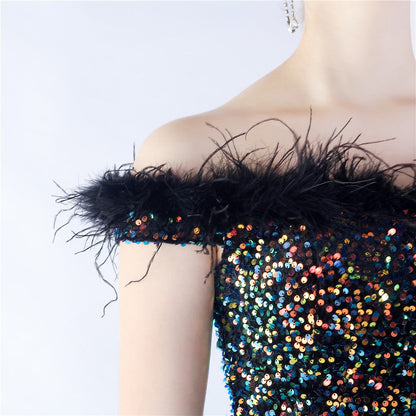 Fur One Shoulder Formal Dress