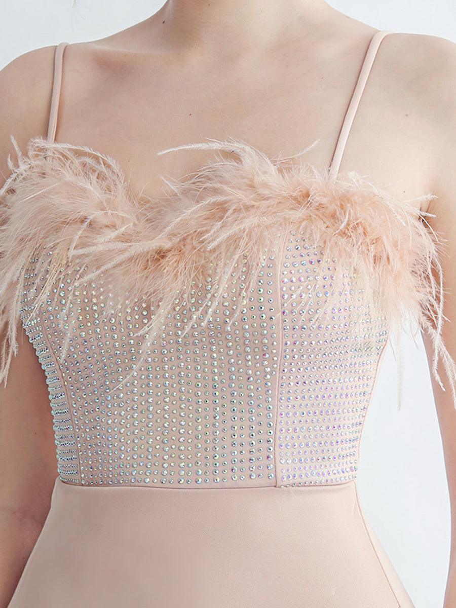 Feather Spaghetti Rhinestone Formal Dress
