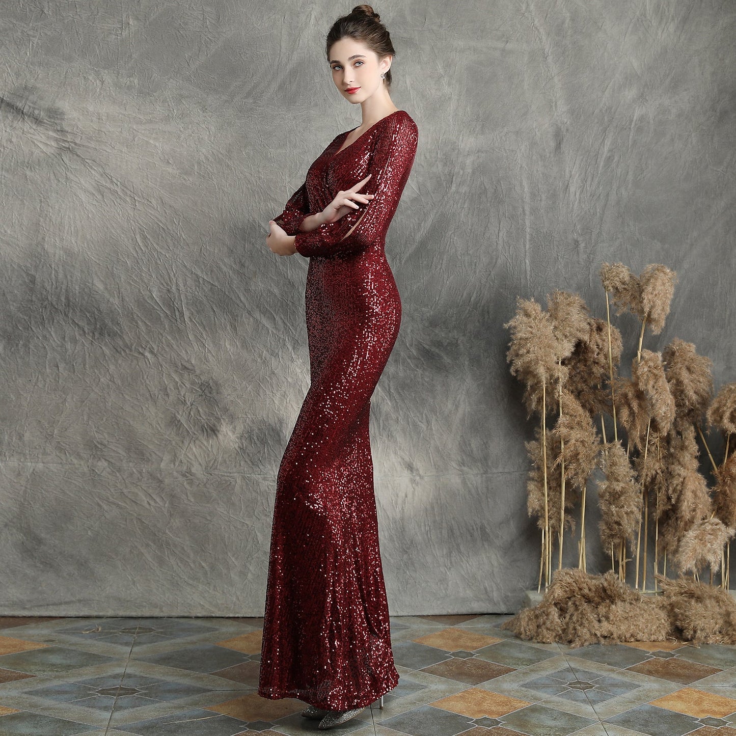 Sleeve Sequin Formal Dress