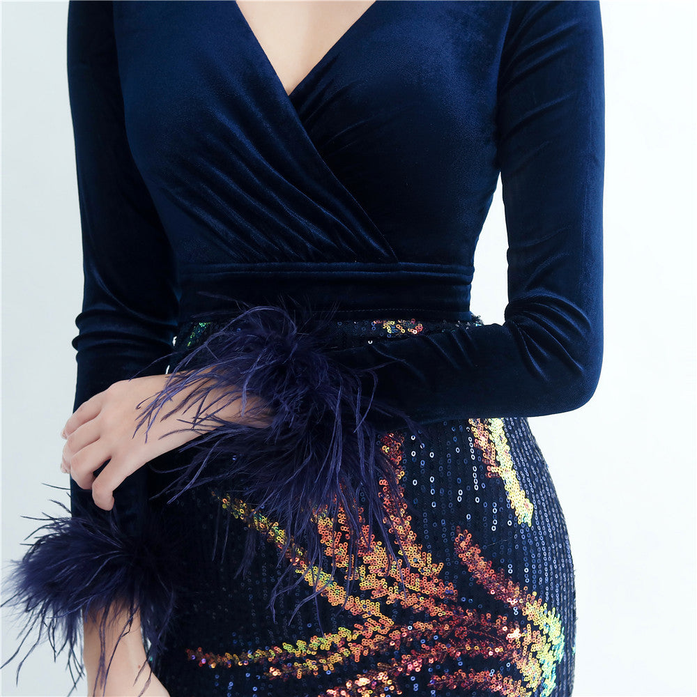 Ostrich Beaded Velvet Side Split Formal Dress