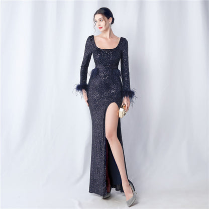 Ostrich Fur Long Sleeve Formal Dress