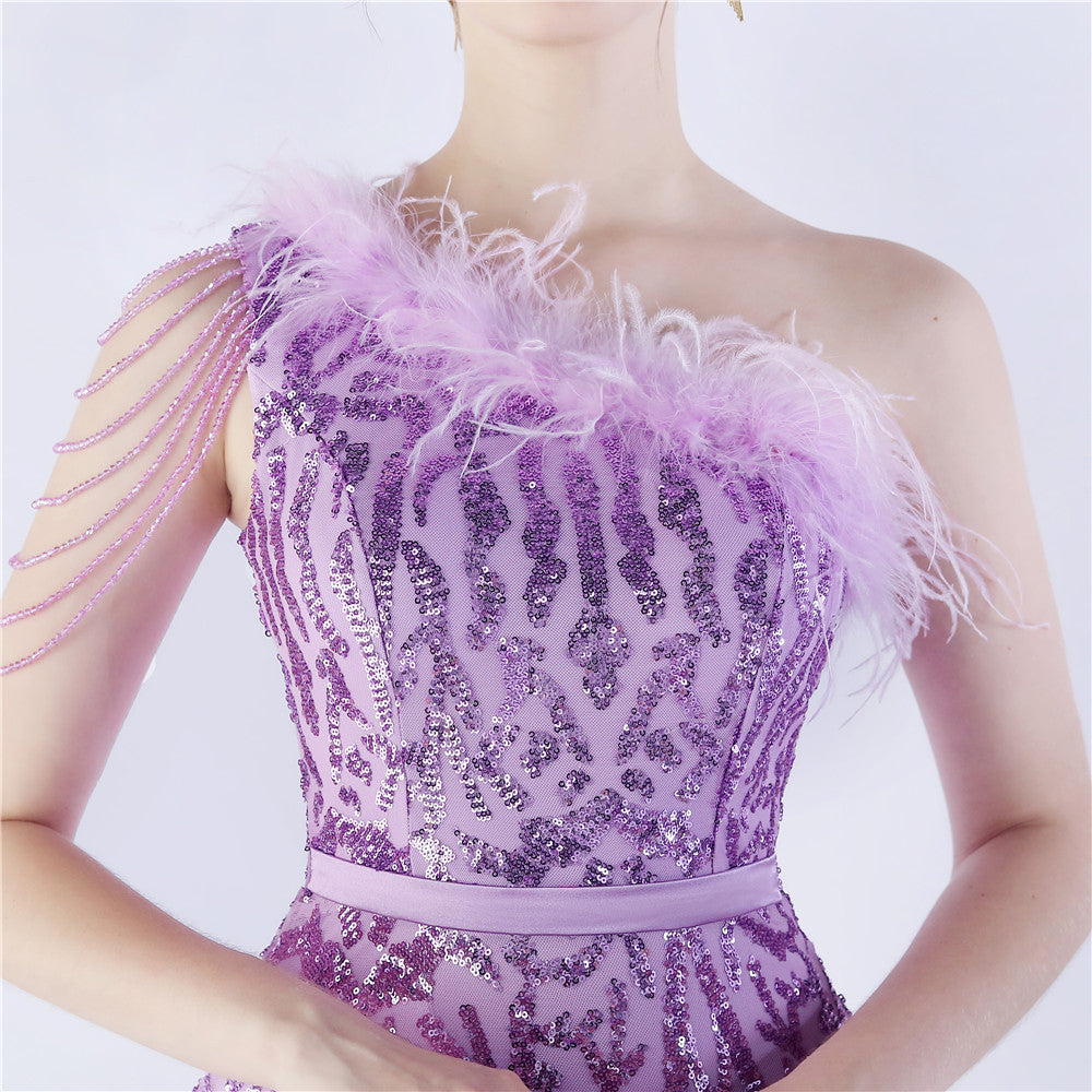 Fur Slant Neck One Shoulder Formal Dress