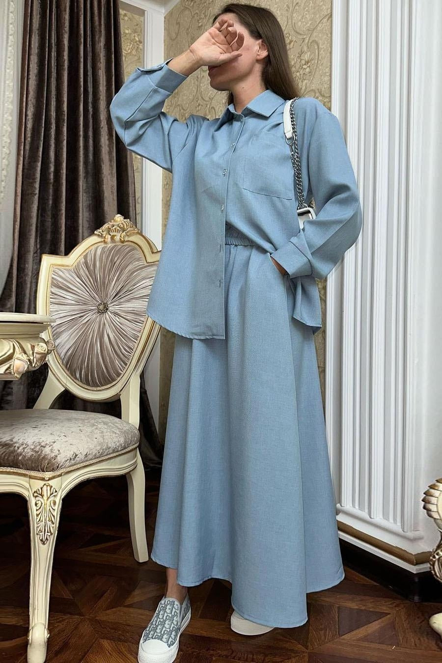 Loose Fitting Long Sleeved Shirt and Half Skirt Casual 2pcs Set