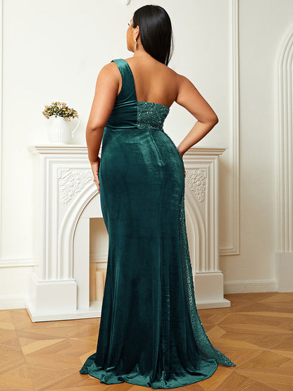 One Shoulder Velvet Split Thigh Prom Dress