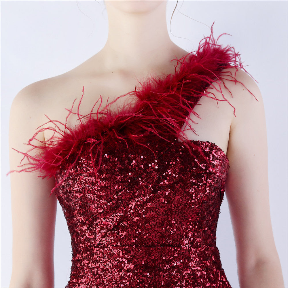Ostrich Fur One-Shoulder Slant Neck Beaded Maxi Formal Dress