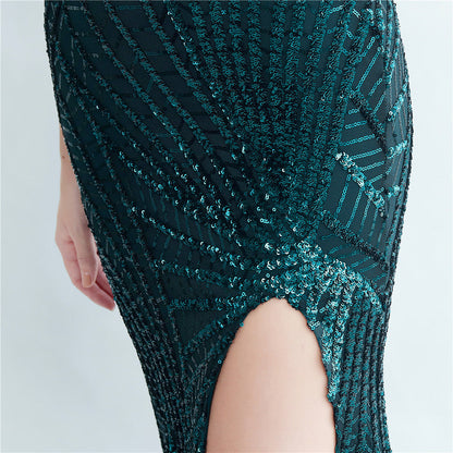 Fur Layered Beaded Formal Dress