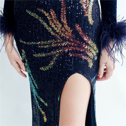 Ostrich Beaded Velvet Side Split Formal Dress