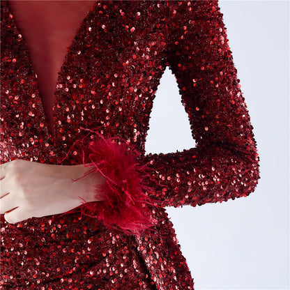 Ostrich Fur Long Sleeve Formal Dress