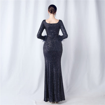 Ostrich Fur Long Sleeve Formal Dress