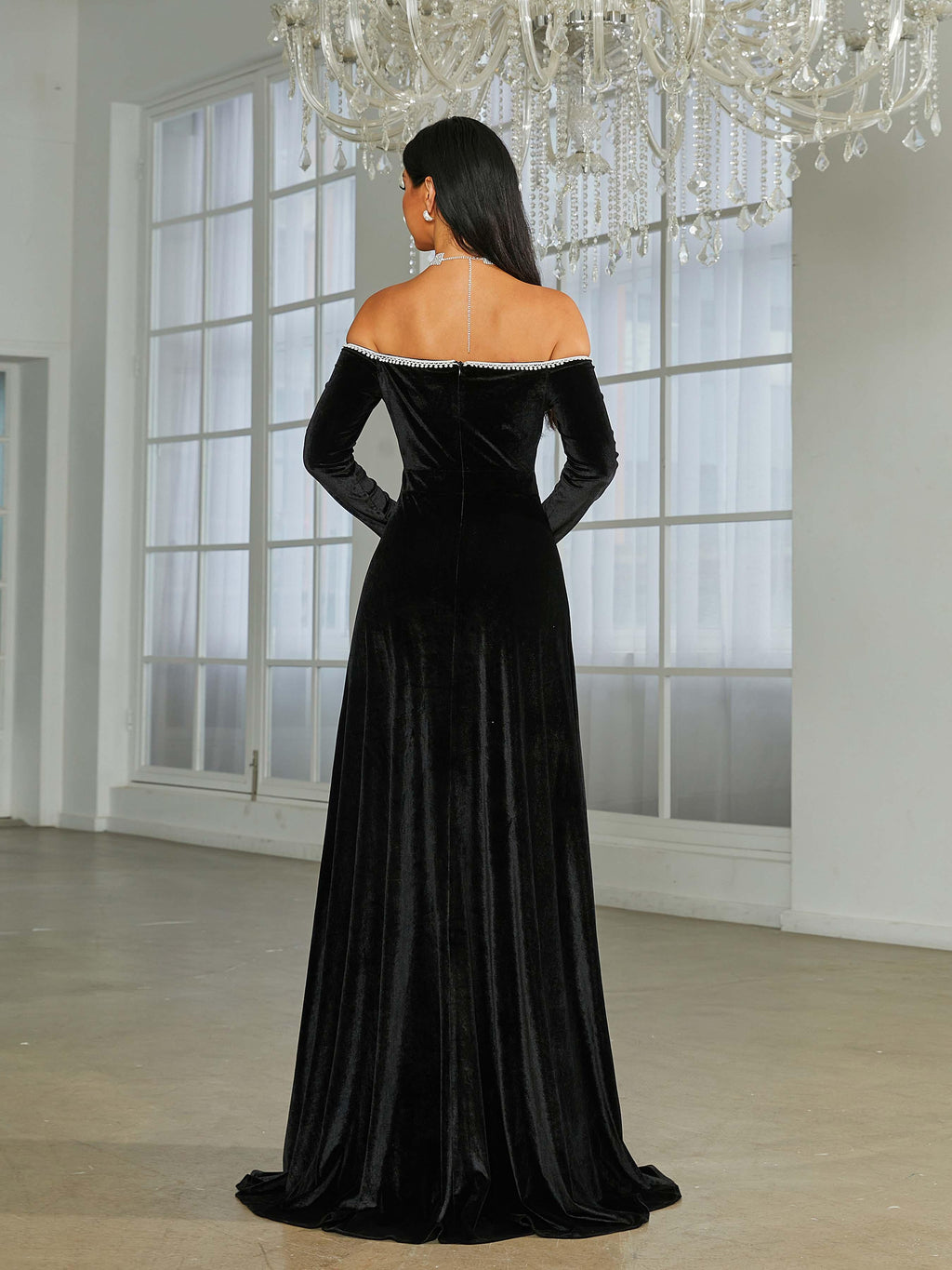 Off Shoulder Split Black Velvet Evening Dress