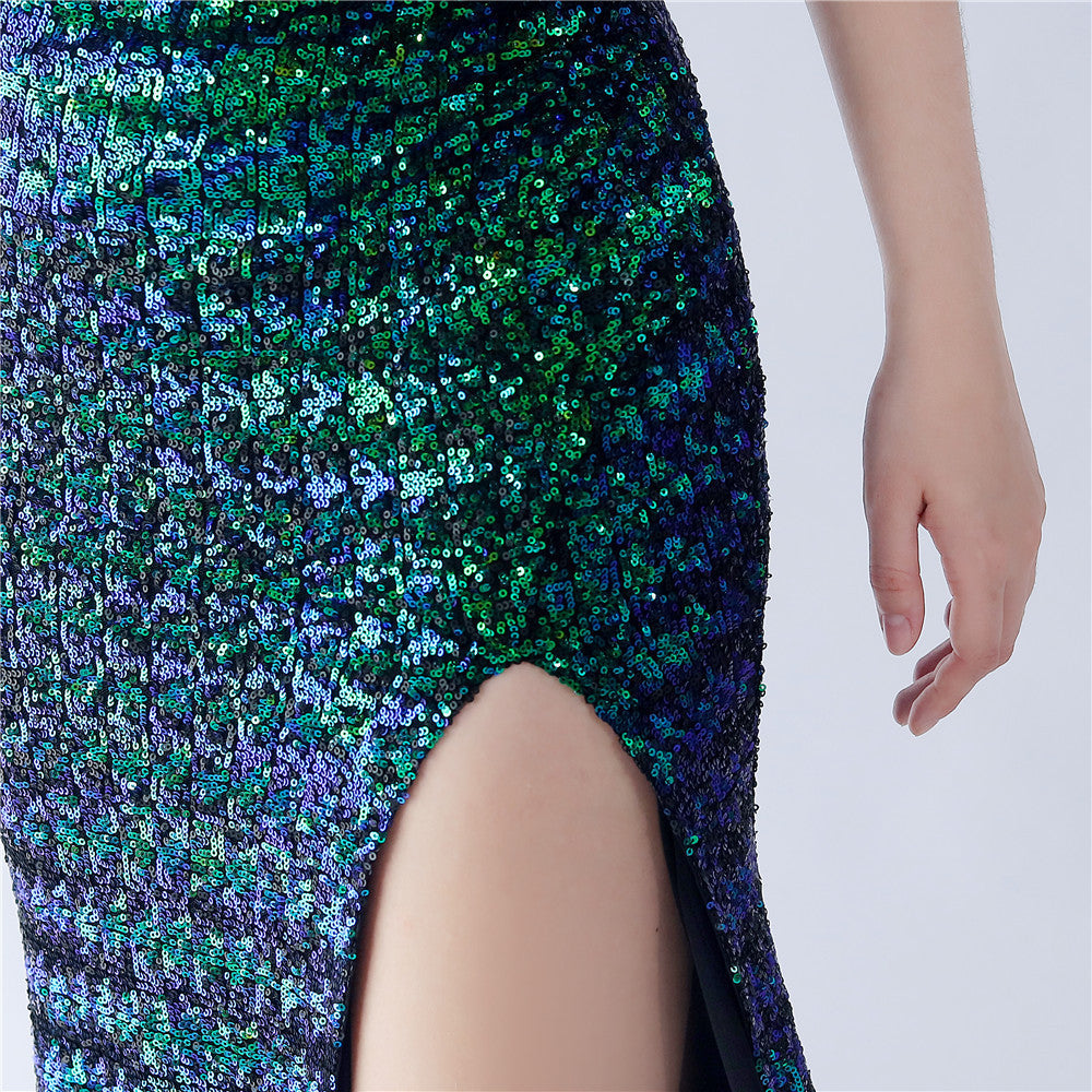 Fur Sequin One Shoulder Formal Dress