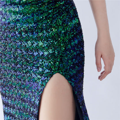 Fur Sequin One Shoulder Formal Dress