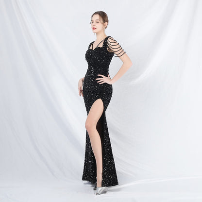 ベルベット裏地ビーズ付きフォーマルドレス