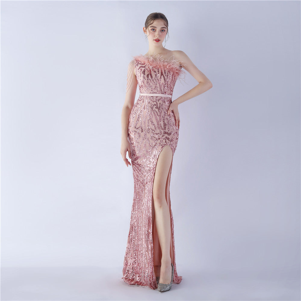 Fur Slant Neck One Shoulder Formal Dress