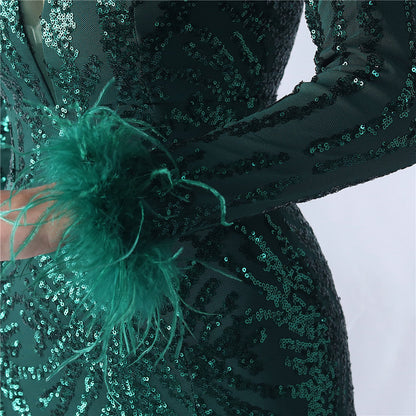 Ostrich Fur Mesh Beaded Formal Dresses