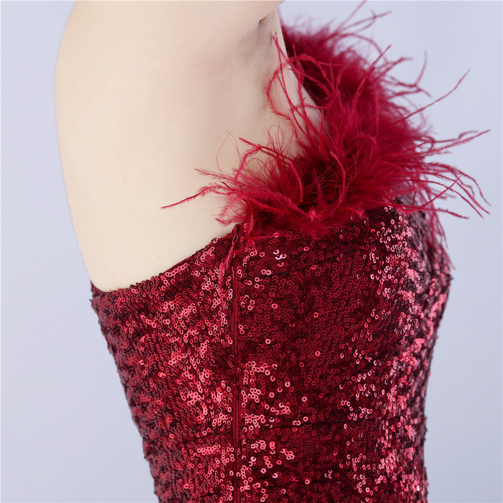 Ostrich Fur One-Shoulder Slant Neck Beaded Maxi Formal Dress