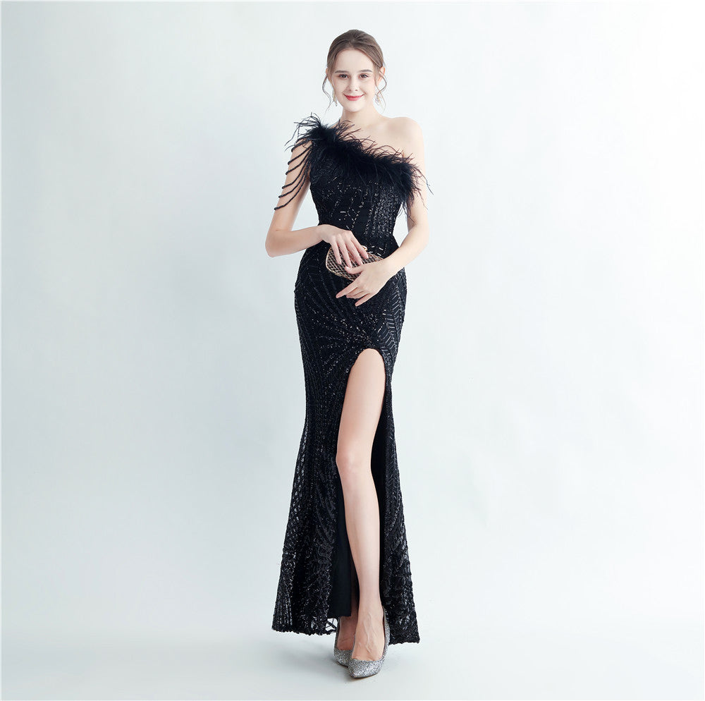 Fur Layered Beaded Formal Dress