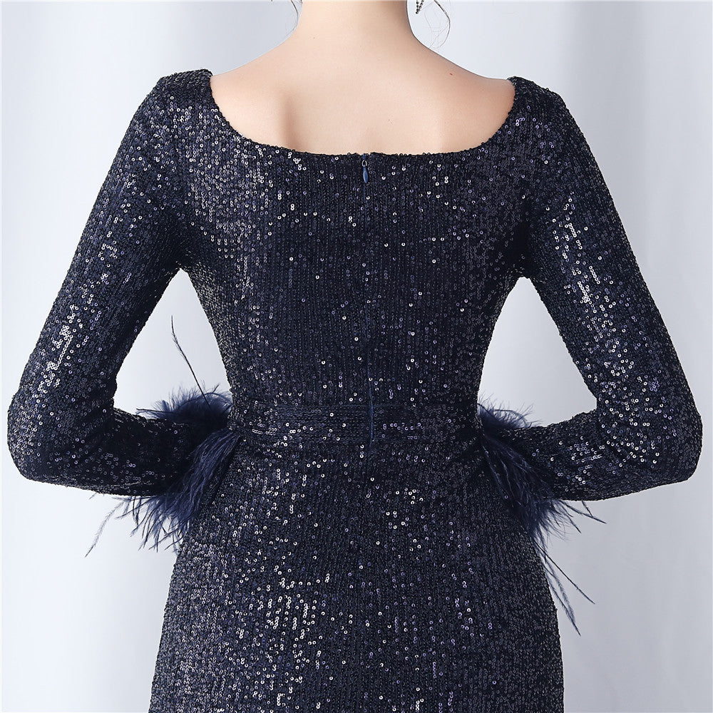 Ostrich Fur Long Sleeve Formal Dress
