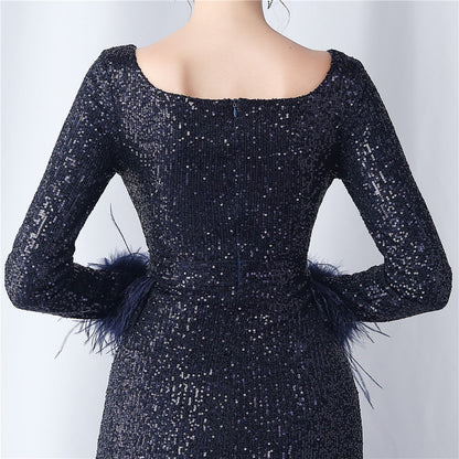 Ostrich Fur Long Sleeve Formal Dress