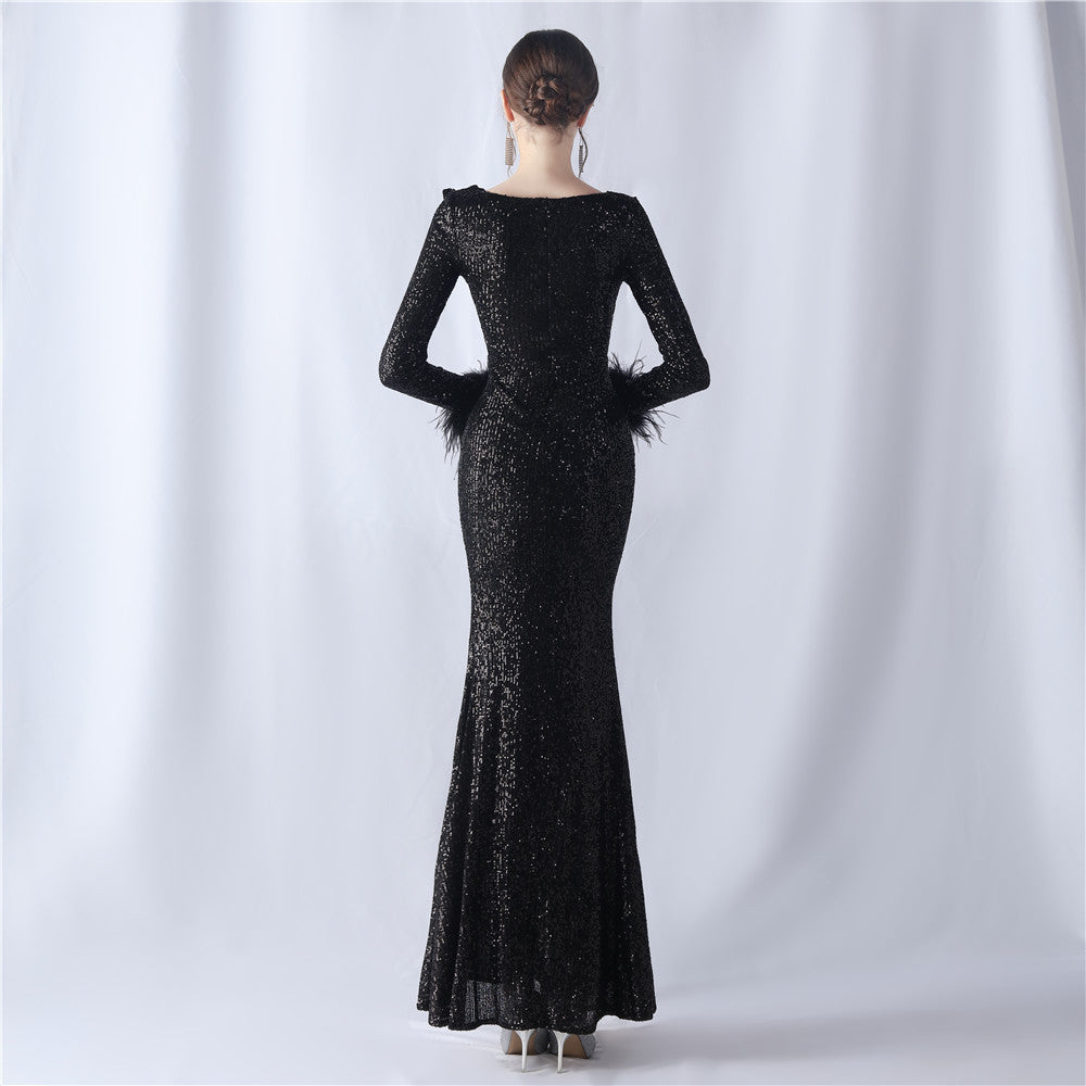 Ostrich Wave Beaded Formal Dress