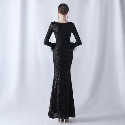 Ostrich Wave Beaded Formal Dress
