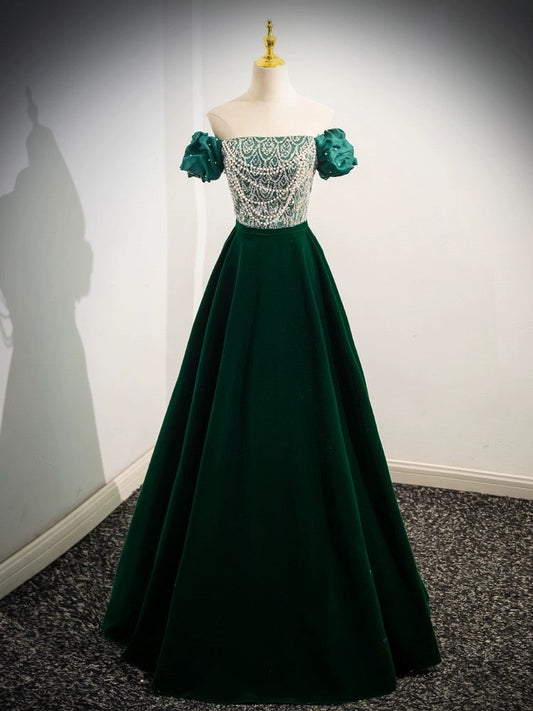 A-Line Velvet Sequin Beads Green Dress