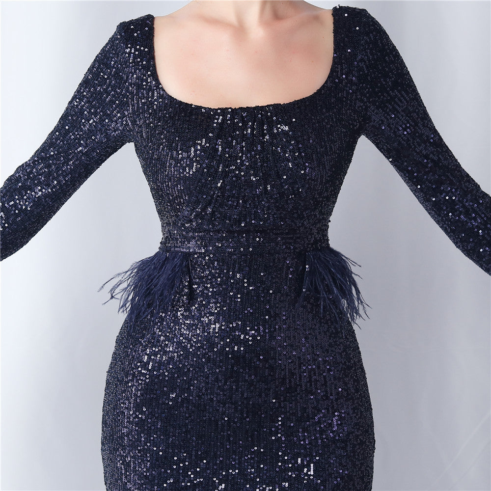Ostrich Fur Long Sleeve Formal Dress