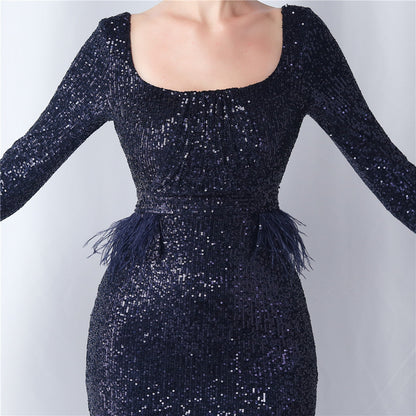 Ostrich Fur Long Sleeve Formal Dress