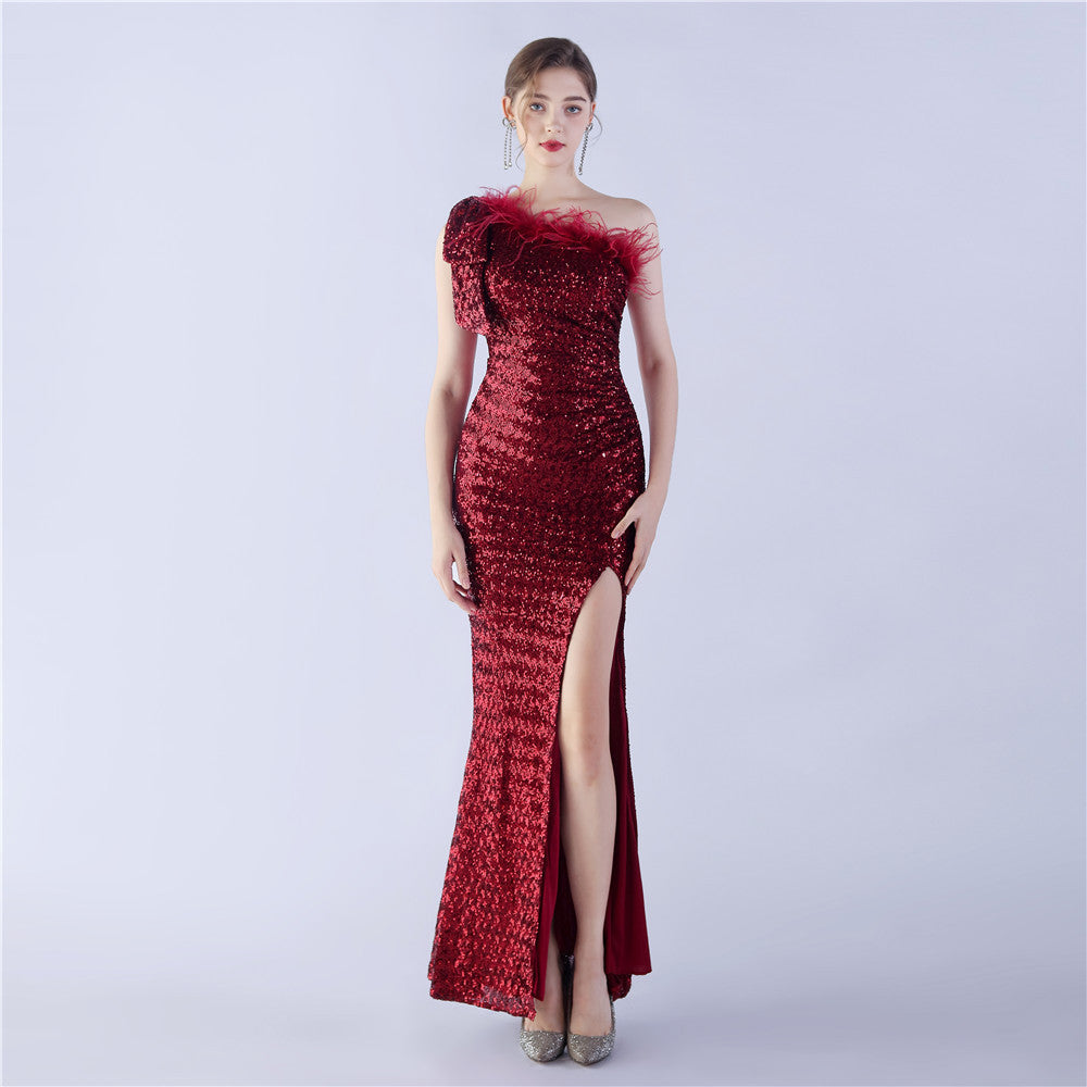 Fur Sequin One Shoulder Formal Dress